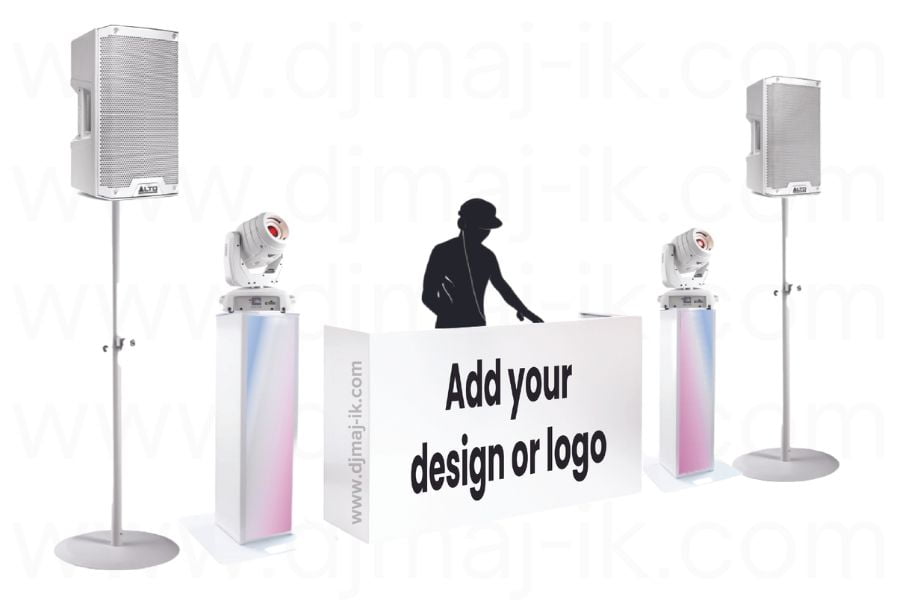 -Wireless Microphone -Premium Speaker Stand -DJ Mixing Equipment - Small PA Speaker System - Moving Head Lightning - Truss Podium Plinths - Premium DJ Booth