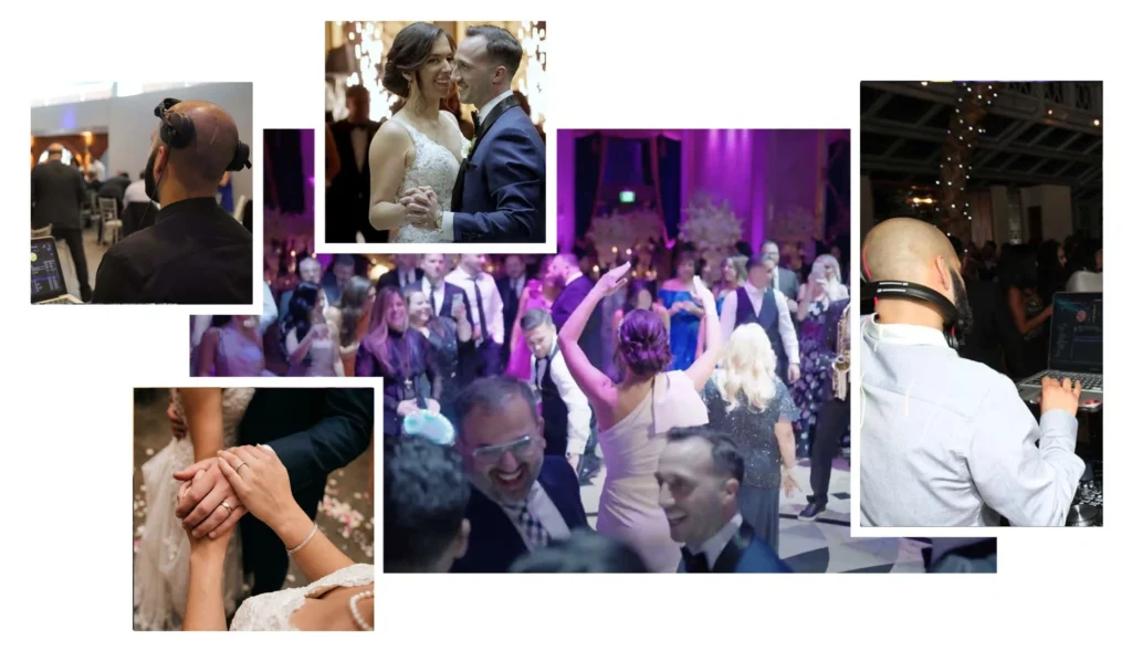 A photo collage showcasing a professional wedding DJ mixing music on a laptop alongside a packed dance floor, romantic first dances, and vibrant reception lighting.