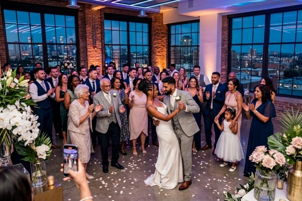 A bride and groom sharing their first dance at a high-energy wedding reception with a professional DJ providing music and lighting.