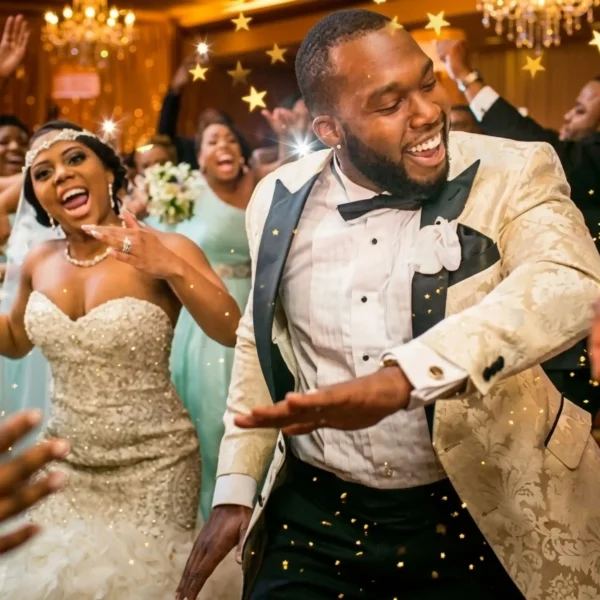 Joyful newlyweds and guests celebrating and dancing at a reception under gold star accents, highlighting fun and interactive event DJ entertainment.